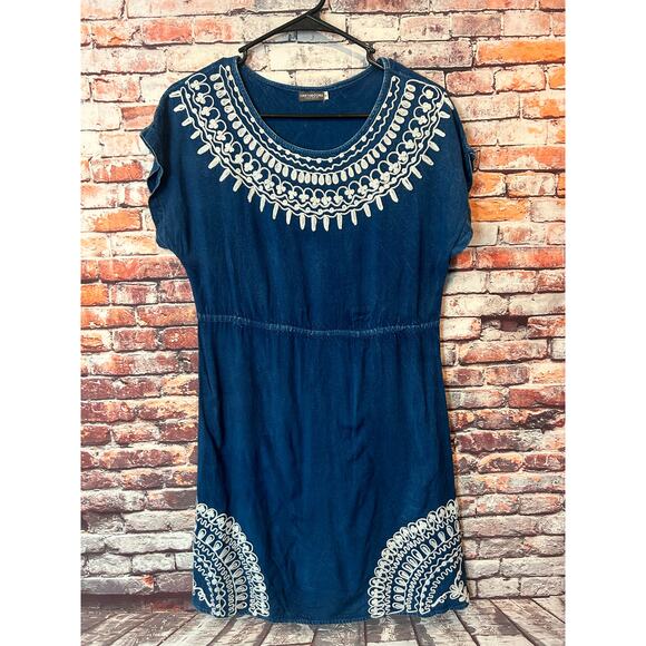 Earthbound denim dress embroidered cap sleeve women's size medium - Picture 1 of 6